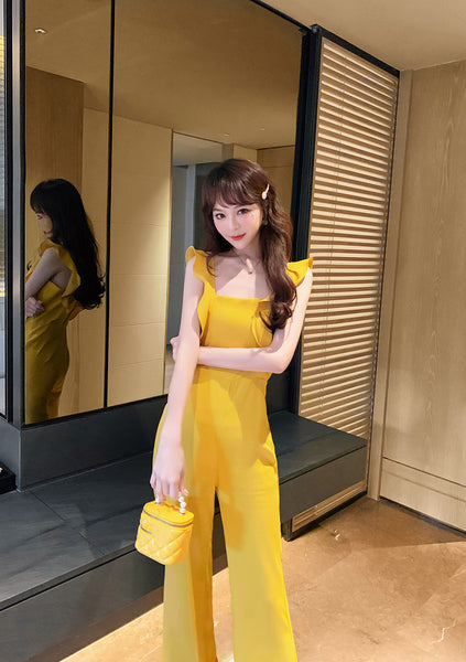 Summer Temperament Women Yellow Look Young Flare Sleeves Tops High Waist Pants Jumpsuit