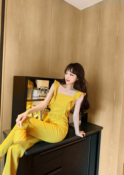 Summer Temperament Women Yellow Look Young Flare Sleeves Tops High Waist Pants Jumpsuit