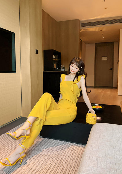 Summer Temperament Women Yellow Look Young Flare Sleeves Tops High Waist Pants Jumpsuit
