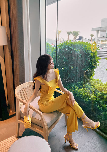Summer Temperament Women Yellow Look Young Flare Sleeves Tops High Waist Pants Jumpsuit
