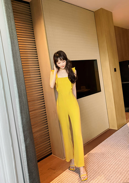 Summer Temperament Women Yellow Look Young Flare Sleeves Tops High Waist Pants Jumpsuit