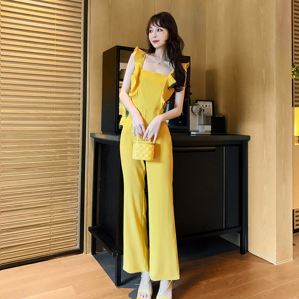 Summer Temperament Women Yellow Look Young Flare Sleeves Tops High Waist Pants Jumpsuit