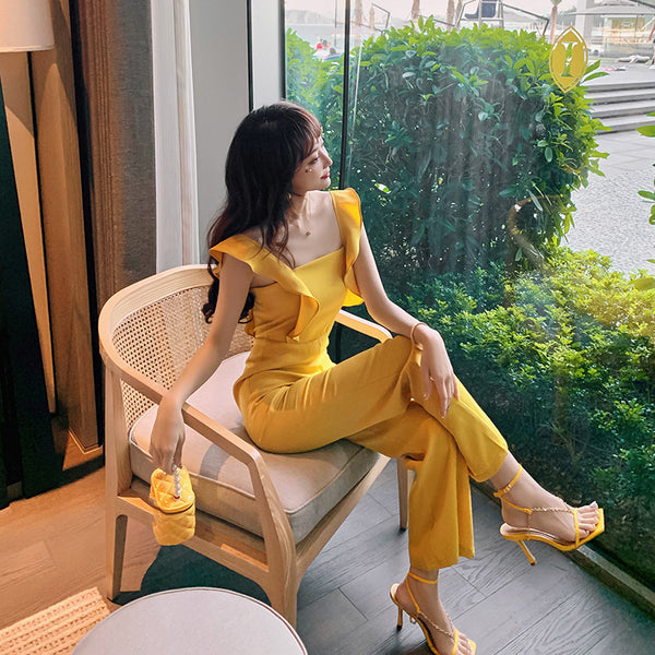 Summer Temperament Women Yellow Look Young Flare Sleeves Tops High Waist Pants Jumpsuit