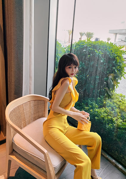 Summer Temperament Women Yellow Look Young Flare Sleeves Tops High Waist Pants Jumpsuit