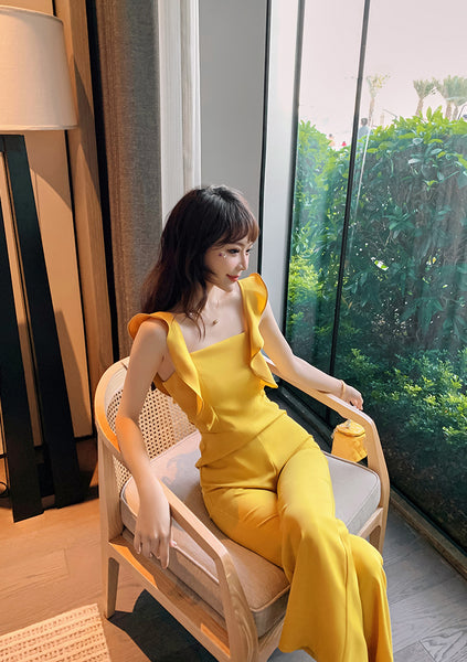 Summer Temperament Women Yellow Look Young Flare Sleeves Tops High Waist Pants Jumpsuit