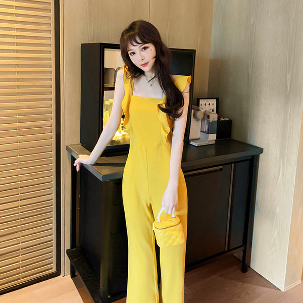 Summer Temperament Women Yellow Look Young Flare Sleeves Tops High Waist Pants Jumpsuit