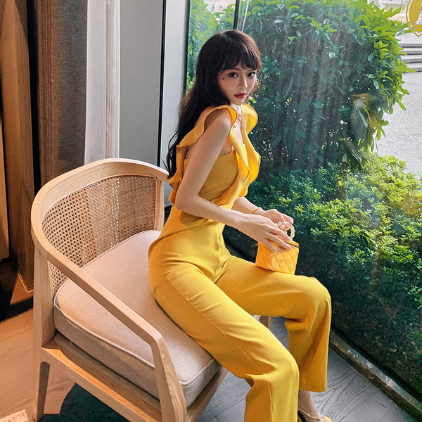 Summer Temperament Women Yellow Look Young Flare Sleeves Tops High Waist Pants Jumpsuit