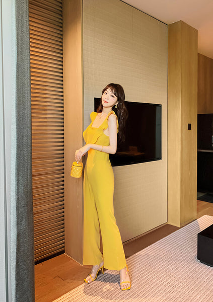 Summer Temperament Women Yellow Look Young Flare Sleeves Tops High Waist Pants Jumpsuit