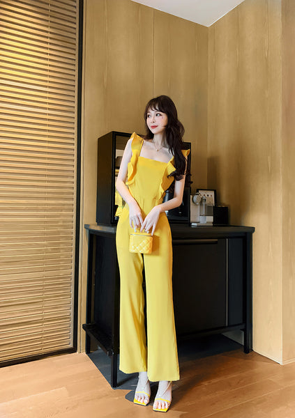 Summer Temperament Women Yellow Look Young Flare Sleeves Tops High Waist Pants Jumpsuit