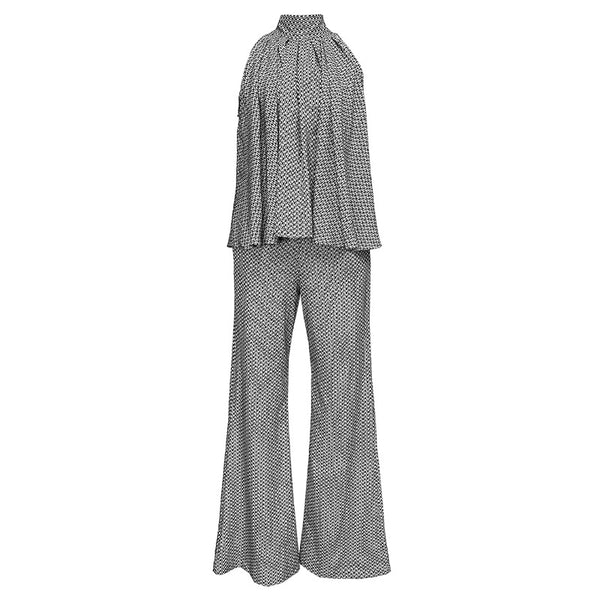 Two Piece Temperament Women Pleated Top Front Leaded Sleeveless Shirt Fit Flared Pants Suit