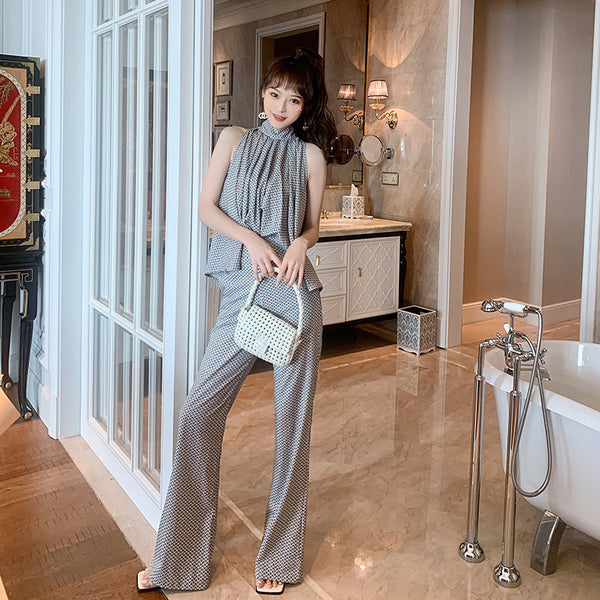 Two Piece Temperament Women Pleated Top Front Leaded Sleeveless Shirt Fit Flared Pants Suit