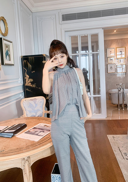 Two Piece Temperament Women Pleated Top Front Leaded Sleeveless Shirt Fit Flared Pants Suit