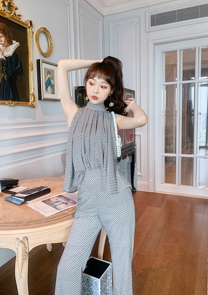 Two Piece Temperament Women Pleated Top Front Leaded Sleeveless Shirt Fit Flared Pants Suit