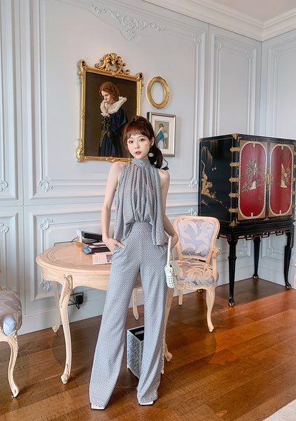 Two Piece Temperament Women Pleated Top Front Leaded Sleeveless Shirt Fit Flared Pants Suit