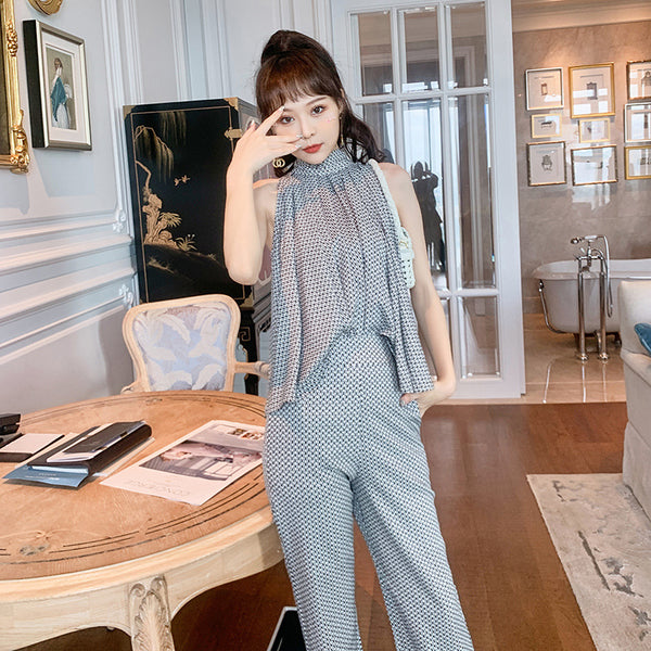 Two Piece Temperament Women Pleated Top Front Leaded Sleeveless Shirt Fit Flared Pants Suit
