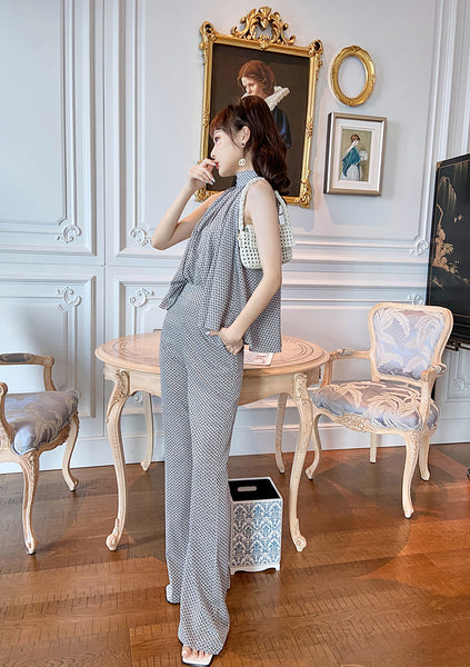 Two Piece Temperament Women Pleated Top Front Leaded Sleeveless Shirt Fit Flared Pants Suit