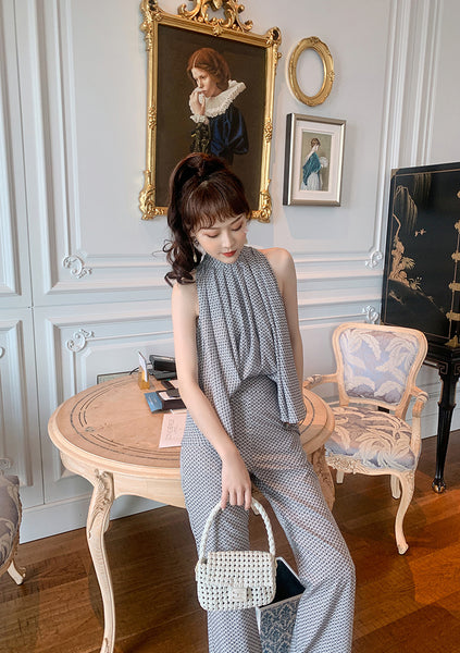 Two Piece Temperament Women Pleated Top Front Leaded Sleeveless Shirt Fit Flared Pants Suit