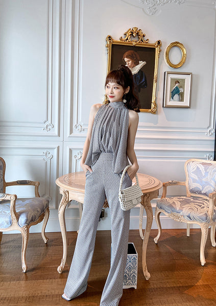 Two Piece Temperament Women Pleated Top Front Leaded Sleeveless Shirt Fit Flared Pants Suit