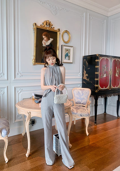 Two Piece Temperament Women Pleated Top Front Leaded Sleeveless Shirt Fit Flared Pants Suit