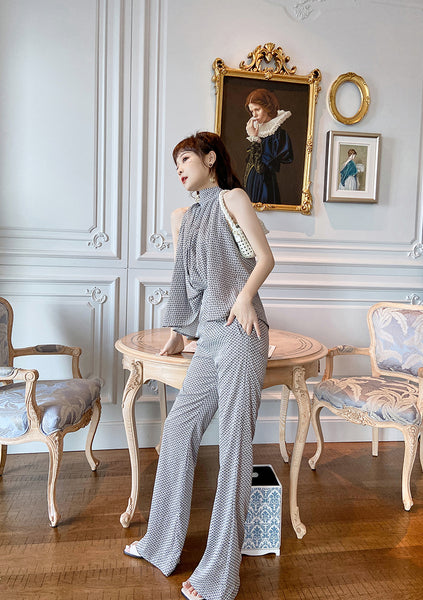 Two Piece Temperament Women Pleated Top Front Leaded Sleeveless Shirt Fit Flared Pants Suit