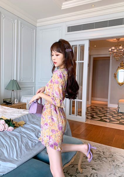 Summer Sweet Fair High Waist Floral Printed Suit jumpsuit Pleated Short Sleeves Wide Leg Shorts