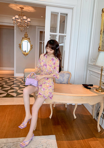 Summer Sweet Fair High Waist Floral Printed Suit jumpsuit Pleated Short Sleeves Wide Leg Shorts