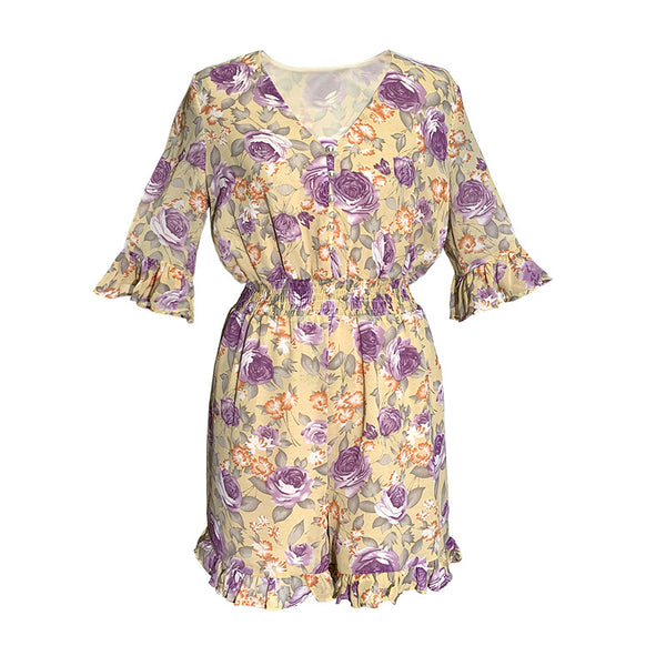 Summer Sweet Fair High Waist Floral Printed Suit jumpsuit Pleated Short Sleeves Wide Leg Shorts