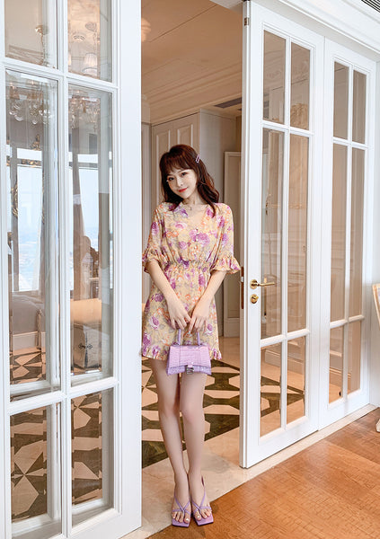 Summer Sweet Fair High Waist Floral Printed Suit jumpsuit Pleated Short Sleeves Wide Leg Shorts