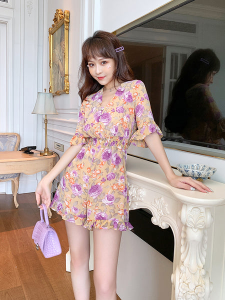 Summer Sweet Fair High Waist Floral Printed Suit jumpsuit Pleated Short Sleeves Wide Leg Shorts
