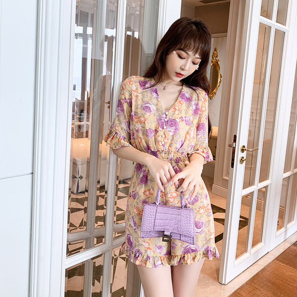 Summer Sweet Fair High Waist Floral Printed Suit jumpsuit Pleated Short Sleeves Wide Leg Shorts