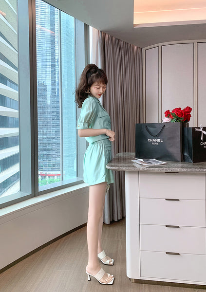 Summer Western Style Young Look Fair V Collar Neck High Waist Green Suit Short Sleeves Wide Leg Shorts