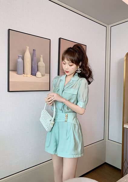Summer Western Style Young Look Fair V Collar Neck High Waist Green Suit Short Sleeves Wide Leg Shorts