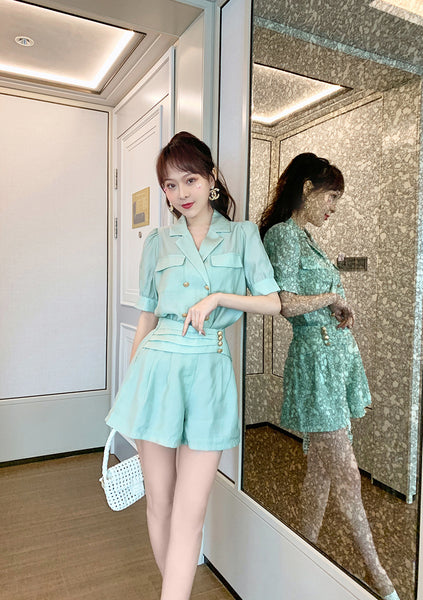 Summer Western Style Young Look Fair V Collar Neck High Waist Green Suit Short Sleeves Wide Leg Shorts