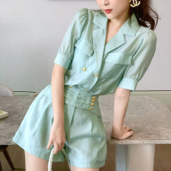 Summer Western Style Young Look Fair V Collar Neck High Waist Green Suit Short Sleeves Wide Leg Shorts