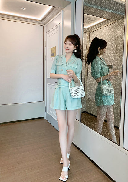 Summer Western Style Young Look Fair V Collar Neck High Waist Green Suit Short Sleeves Wide Leg Shorts