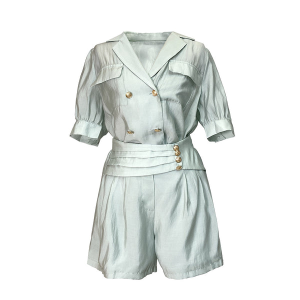 Summer Western Style Young Look Fair V Collar Neck High Waist Green Suit Short Sleeves Wide Leg Shorts