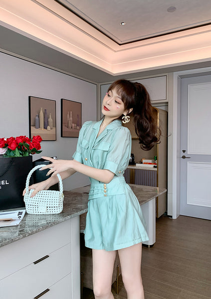 Summer Western Style Young Look Fair V Collar Neck High Waist Green Suit Short Sleeves Wide Leg Shorts