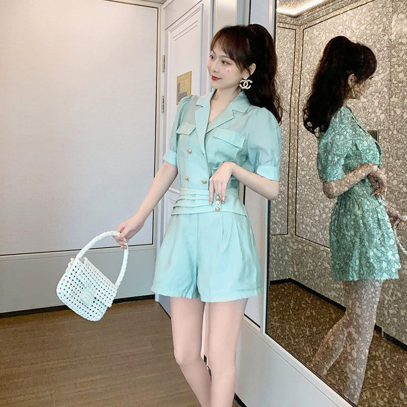 Summer Western Style Young Look Fair V Collar Neck High Waist Green Suit Short Sleeves Wide Leg Shorts