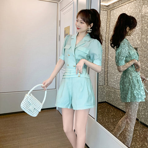 Summer Western Style Young Look Fair V Collar Neck High Waist Green Suit Short Sleeves Wide Leg Shorts