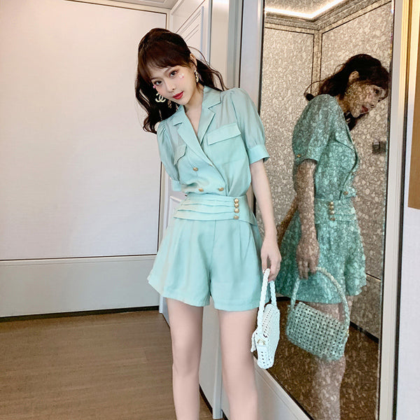 Summer Western Style Young Look Fair V Collar Neck High Waist Green Suit Short Sleeves Wide Leg Shorts