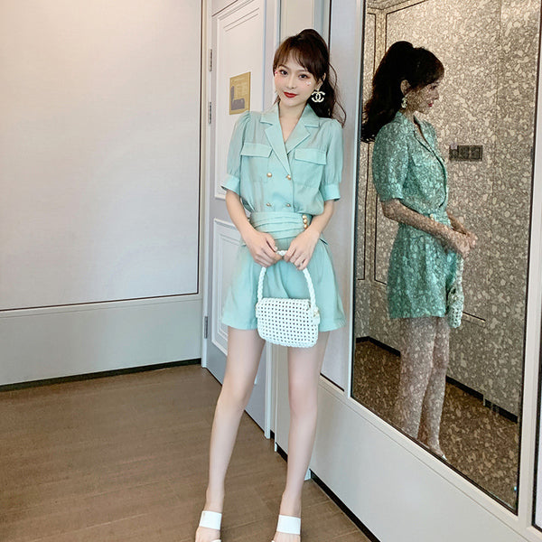 Summer Western Style Young Look Fair V Collar Neck High Waist Green Suit Short Sleeves Wide Leg Shorts