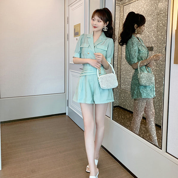 Summer Western Style Young Look Fair V Collar Neck High Waist Green Suit Short Sleeves Wide Leg Shorts