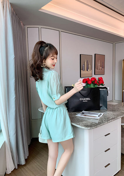 Summer Western Style Young Look Fair V Collar Neck High Waist Green Suit Short Sleeves Wide Leg Shorts