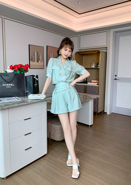 Summer Western Style Young Look Fair V Collar Neck High Waist Green Suit Short Sleeves Wide Leg Shorts