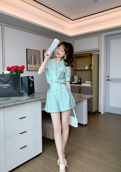 Summer Western Style Young Look Fair V Collar Neck High Waist Green Suit Short Sleeves Wide Leg Shorts