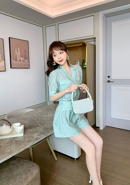 Summer Western Style Young Look Fair V Collar Neck High Waist Green Suit Short Sleeves Wide Leg Shorts