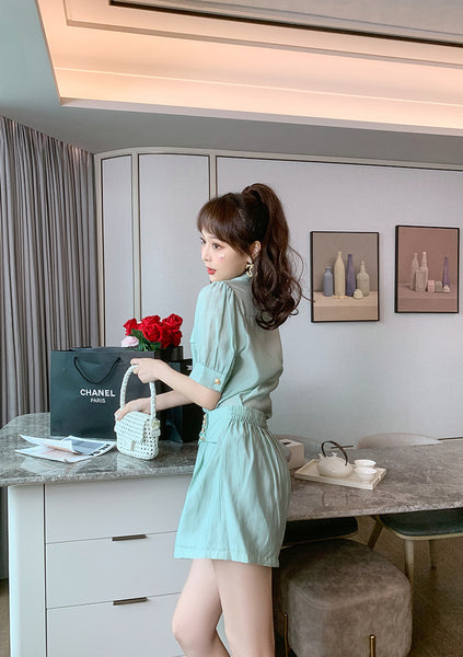 Summer Western Style Young Look Fair V Collar Neck High Waist Green Suit Short Sleeves Wide Leg Shorts