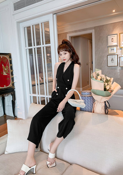 Summer Temperament Women Halter Neck Off Shoulder Sleeveless Jumpsuit Waist Drape Wide Leg High Waist Pants