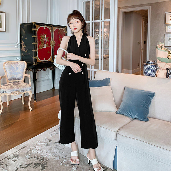 Summer Temperament Women Halter Neck Off Shoulder Sleeveless Jumpsuit Waist Drape Wide Leg High Waist Pants