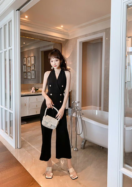 Summer Temperament Women Halter Neck Off Shoulder Sleeveless Jumpsuit Waist Drape Wide Leg High Waist Pants